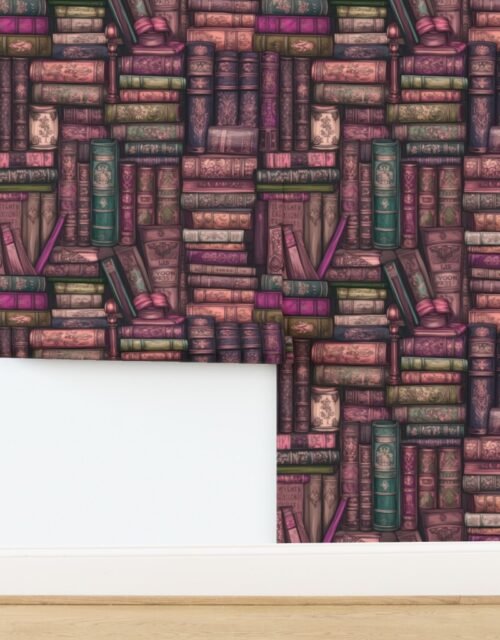 Pink Stacked Bound Vintage Books on Library Book Shelf Wallpaper