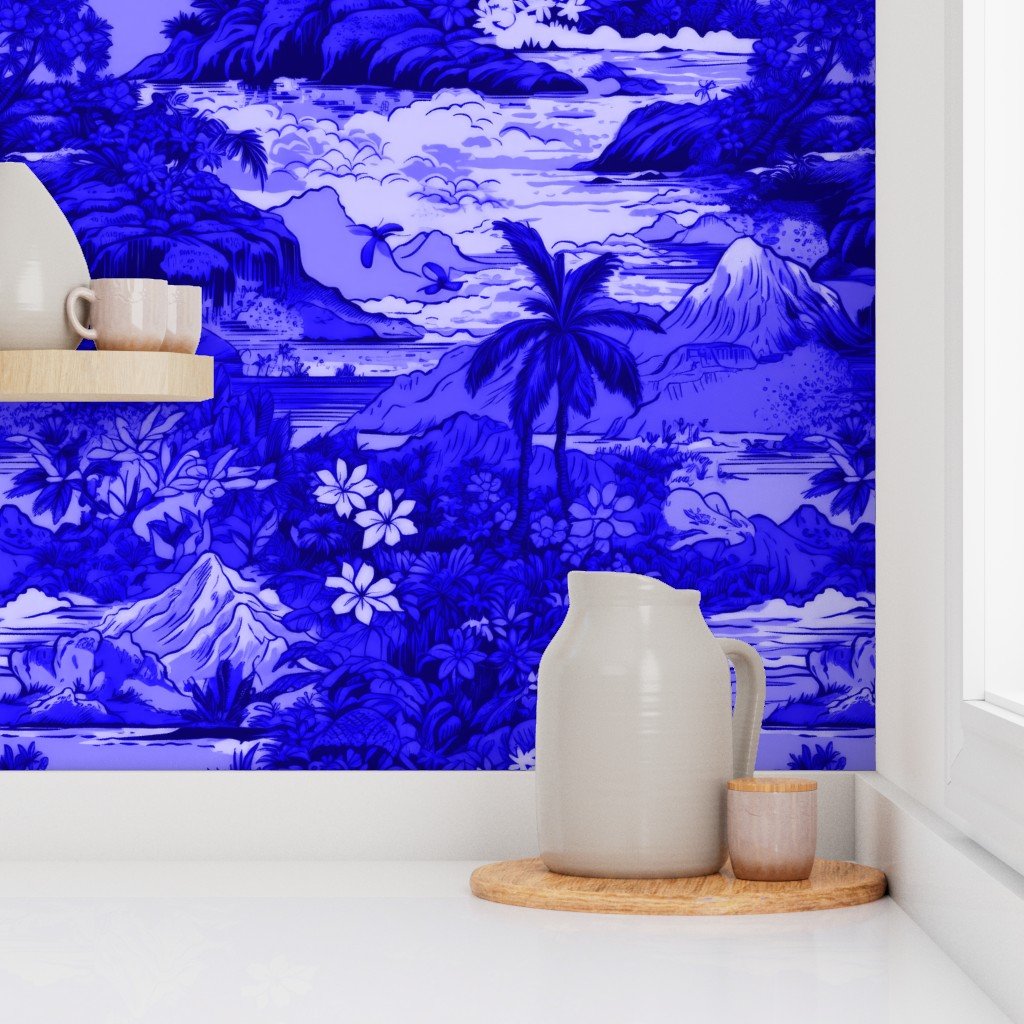Vintage Hawaiian Landscape in Royal Blue Porcelain Glaze Wallpaper