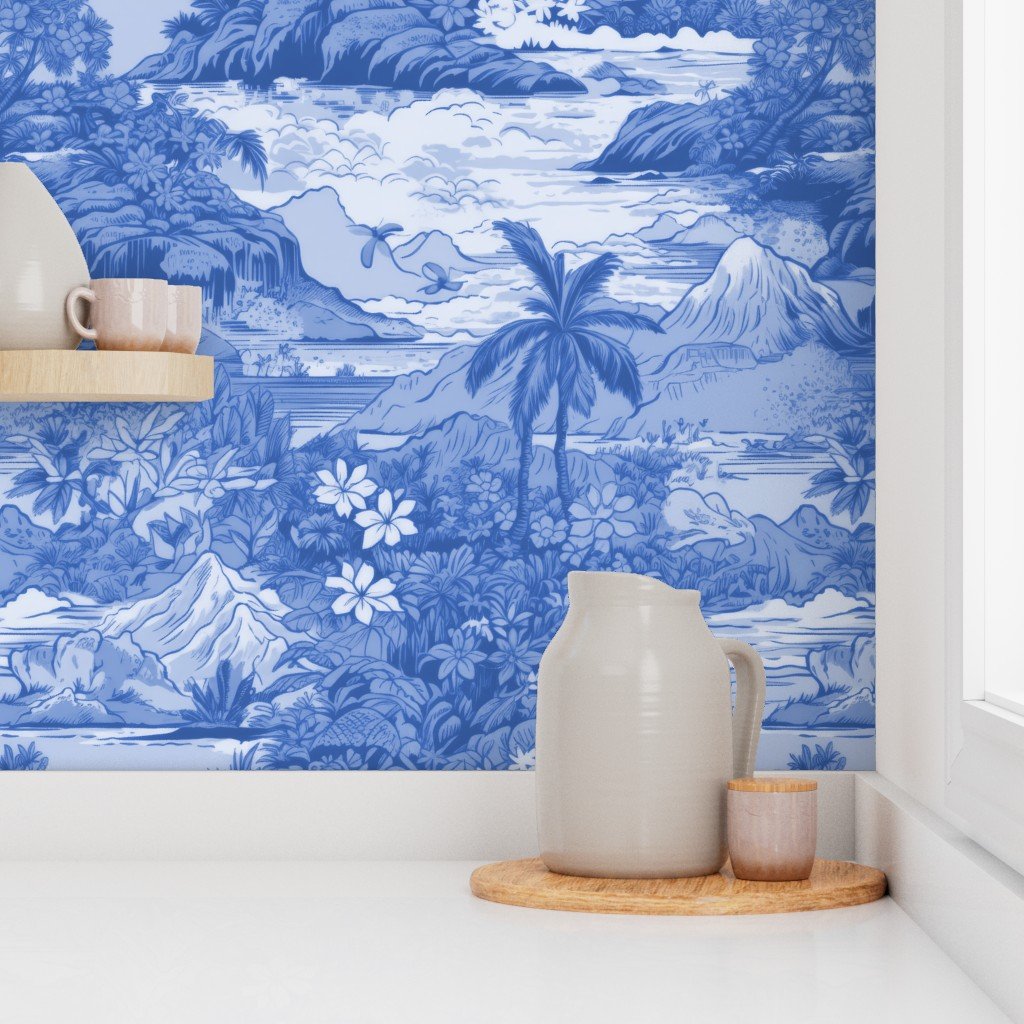 Vintage Hawaiian Landscape in Light Blue Porcelain Glaze Wallpaper