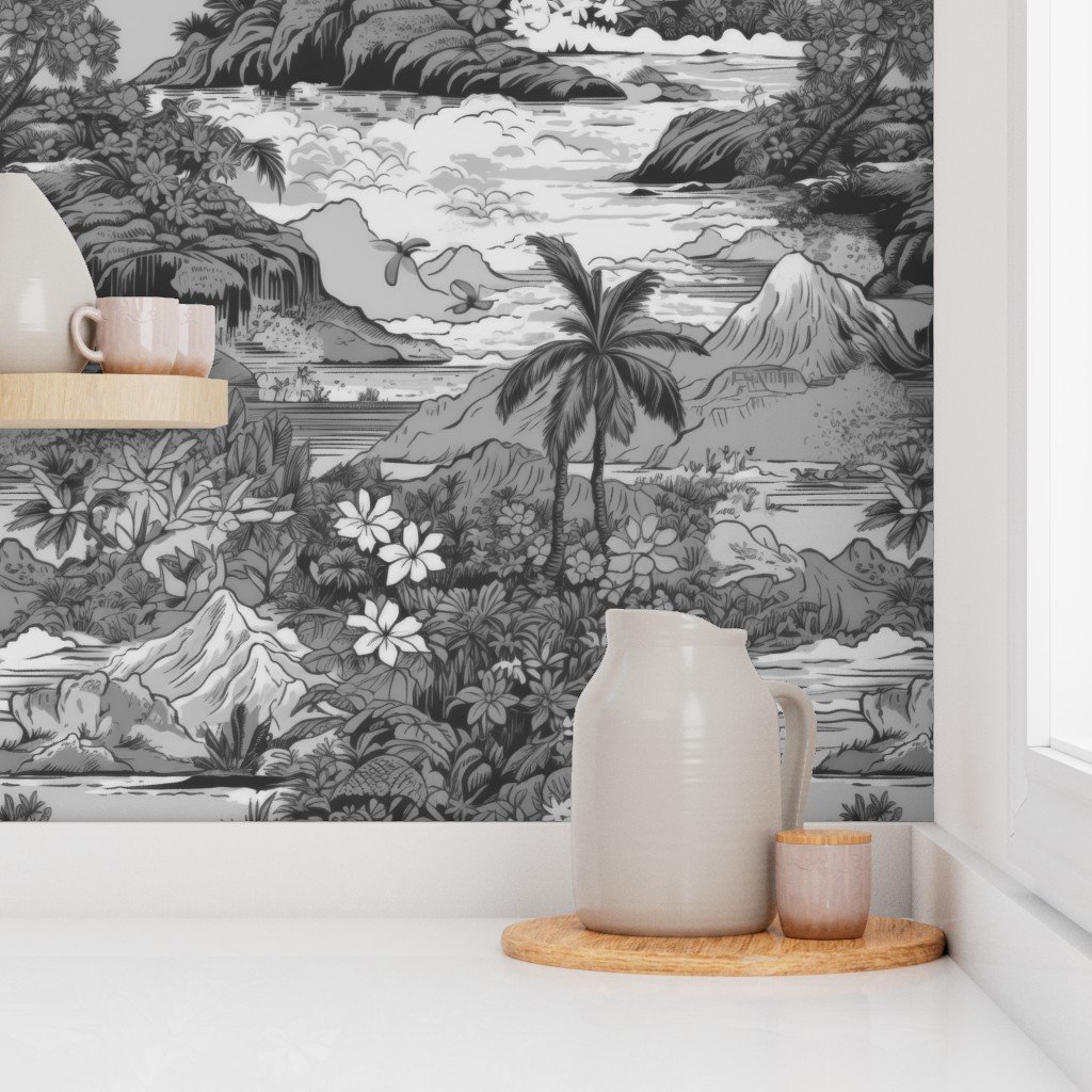 Vintage Hawaiian Landscape in Grey Porcelain Glaze Wallpaper