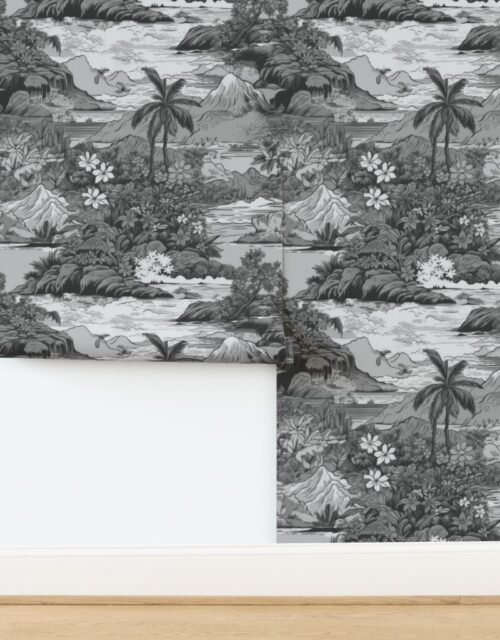 Vintage Hawaiian Landscape in Grey Porcelain Glaze Wallpaper