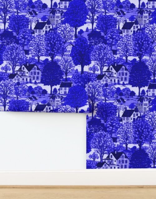 New England Village Houses with Trees in Royal Blue Porcelain Glaze Wallpaper