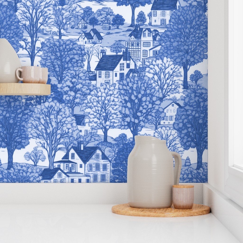 New England Village Houses with Trees in Light Blue Porcelain Glaze Wallpaper