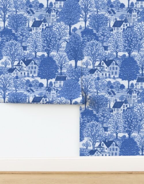 New England Village Houses with Trees in Light Blue Porcelain Glaze Wallpaper