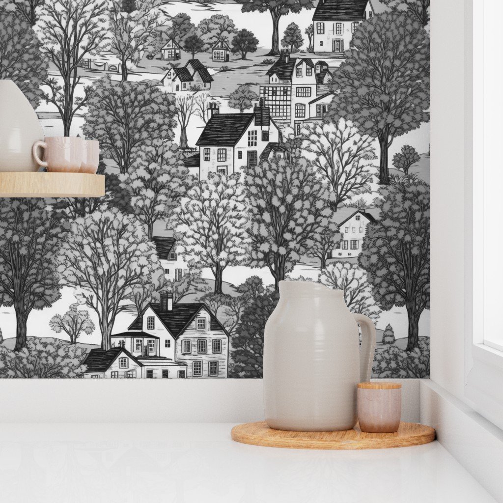 New England Village Houses with Trees Grey Porcelain Glaze Wallpaper