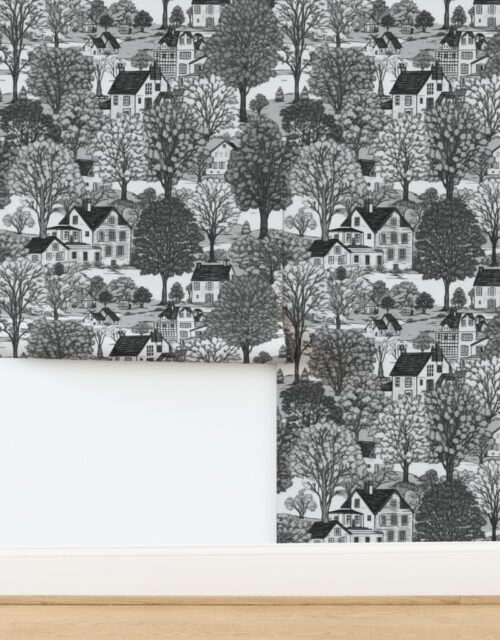 New England Village Houses with Trees Grey Porcelain Glaze Wallpaper