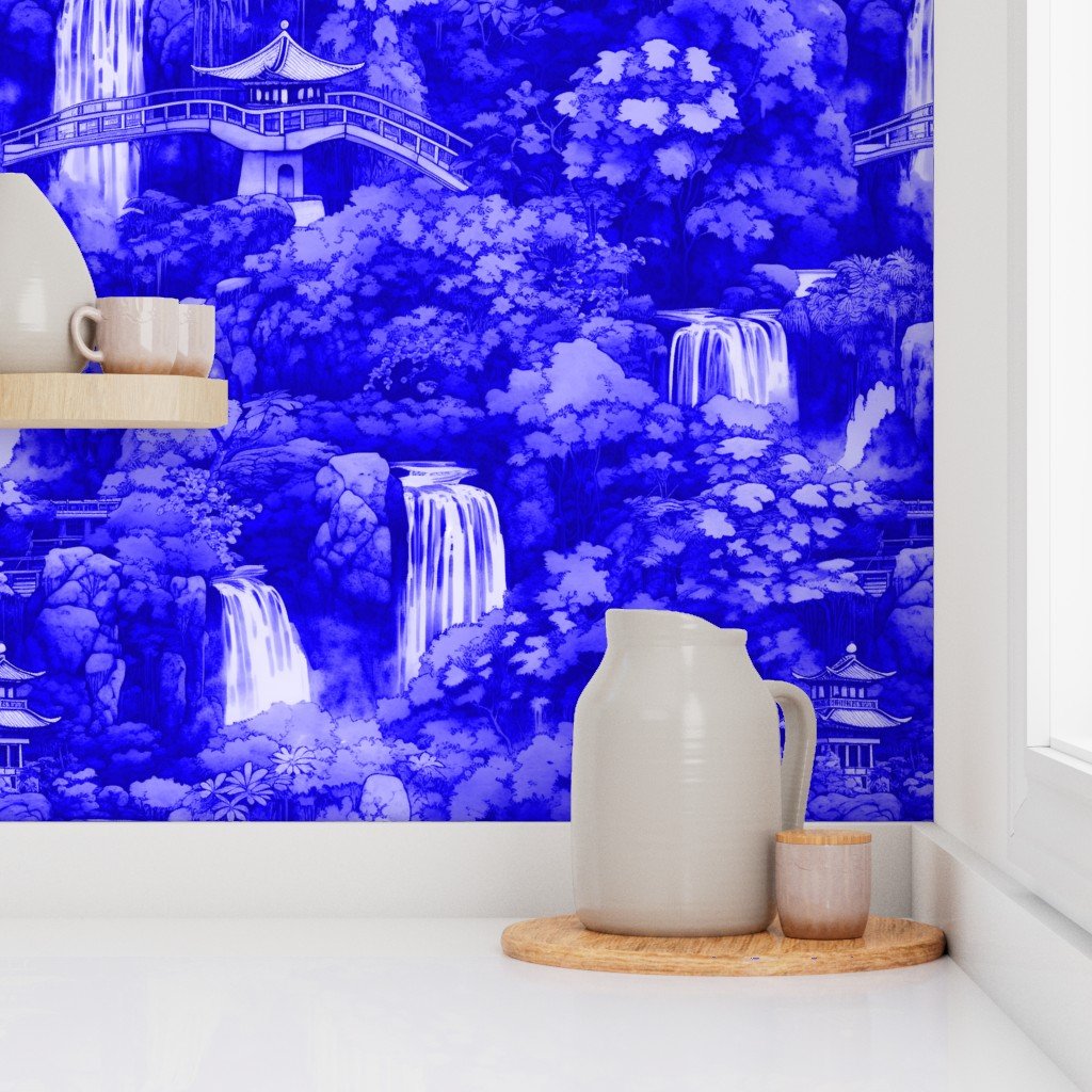 Japanese Water Garden with Waterfalls in Royal Blue Porcelain Glaze Wallpaper