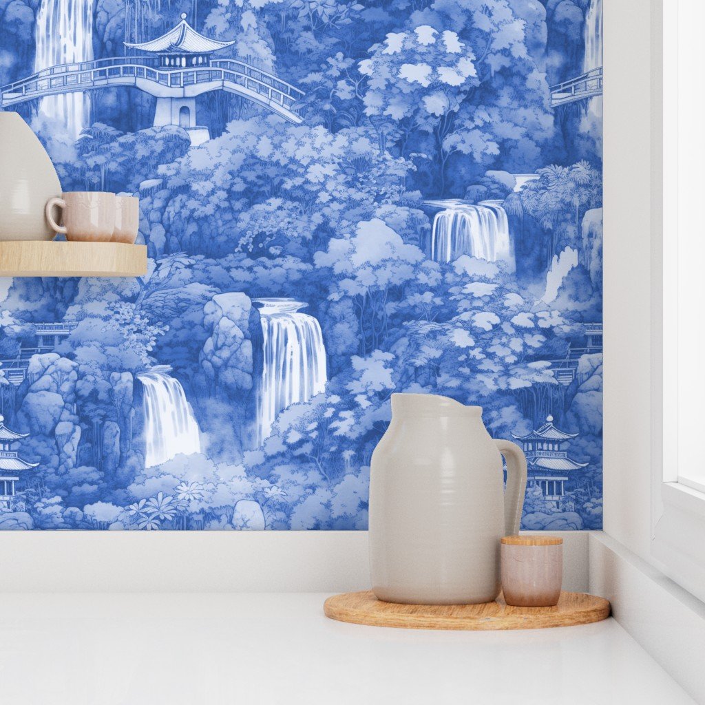 Japanese Water Garden with Waterfalls in Light Blue Porcelain Glaze Wallpaper