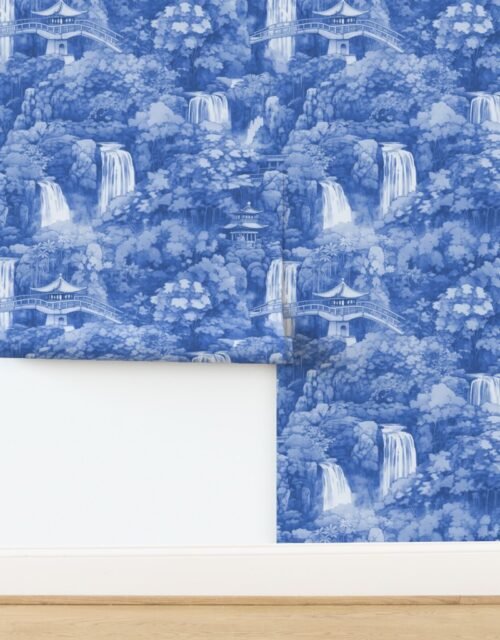 Japanese Water Garden with Waterfalls in Light Blue Porcelain Glaze Wallpaper