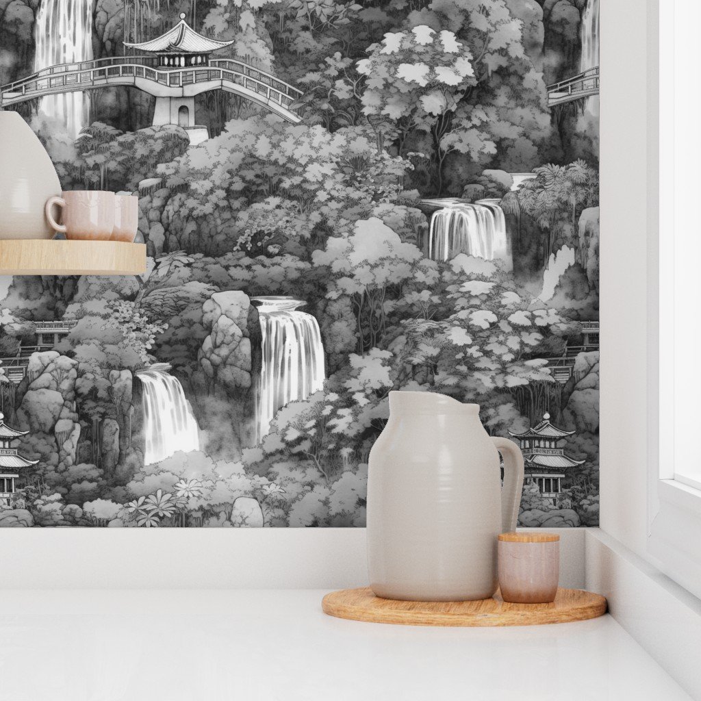 Japanese Water Garden with Waterfalls in Grey Porcelain Glaze Wallpaper
