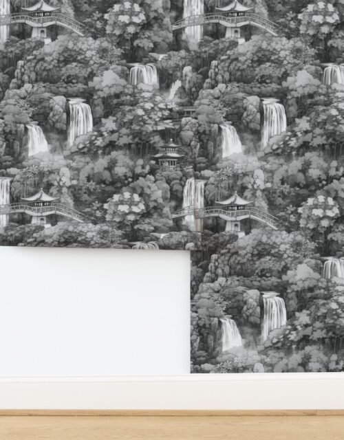 Japanese Water Garden with Waterfalls in Grey Porcelain Glaze Wallpaper