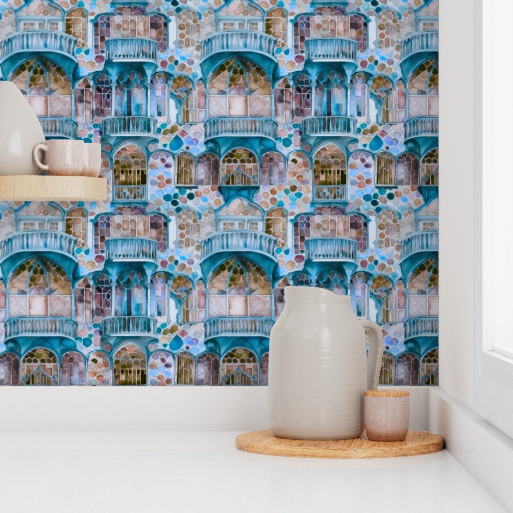 Barcelona House Architectural Detail in Windows Columns Arches and Wallpaper