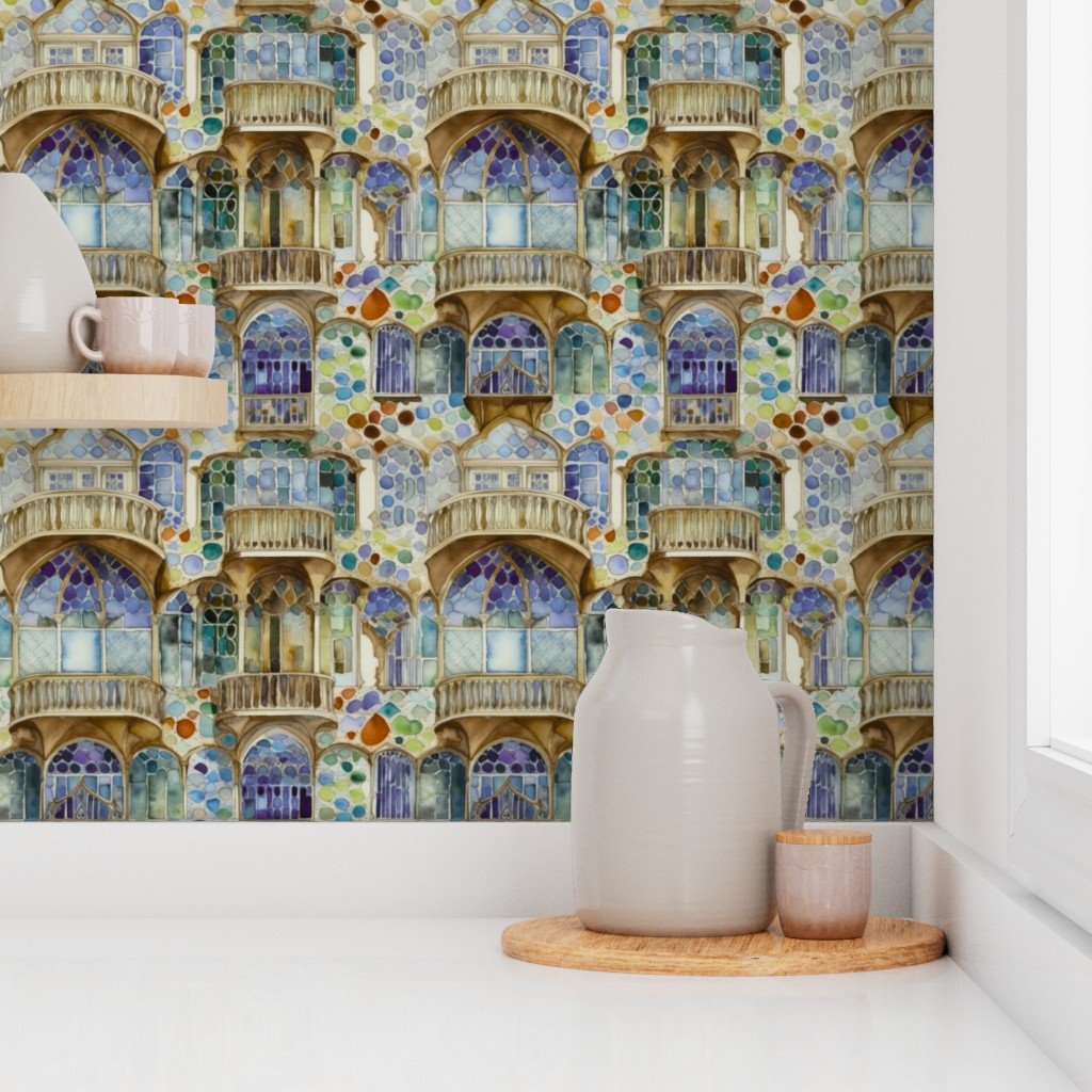Barcelona House Architectural Detail in Windows Columns Arches and Wallpaper