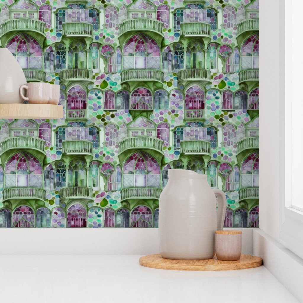 Barcelona House Architectural Detail in Windows Columns Arches and Wallpaper