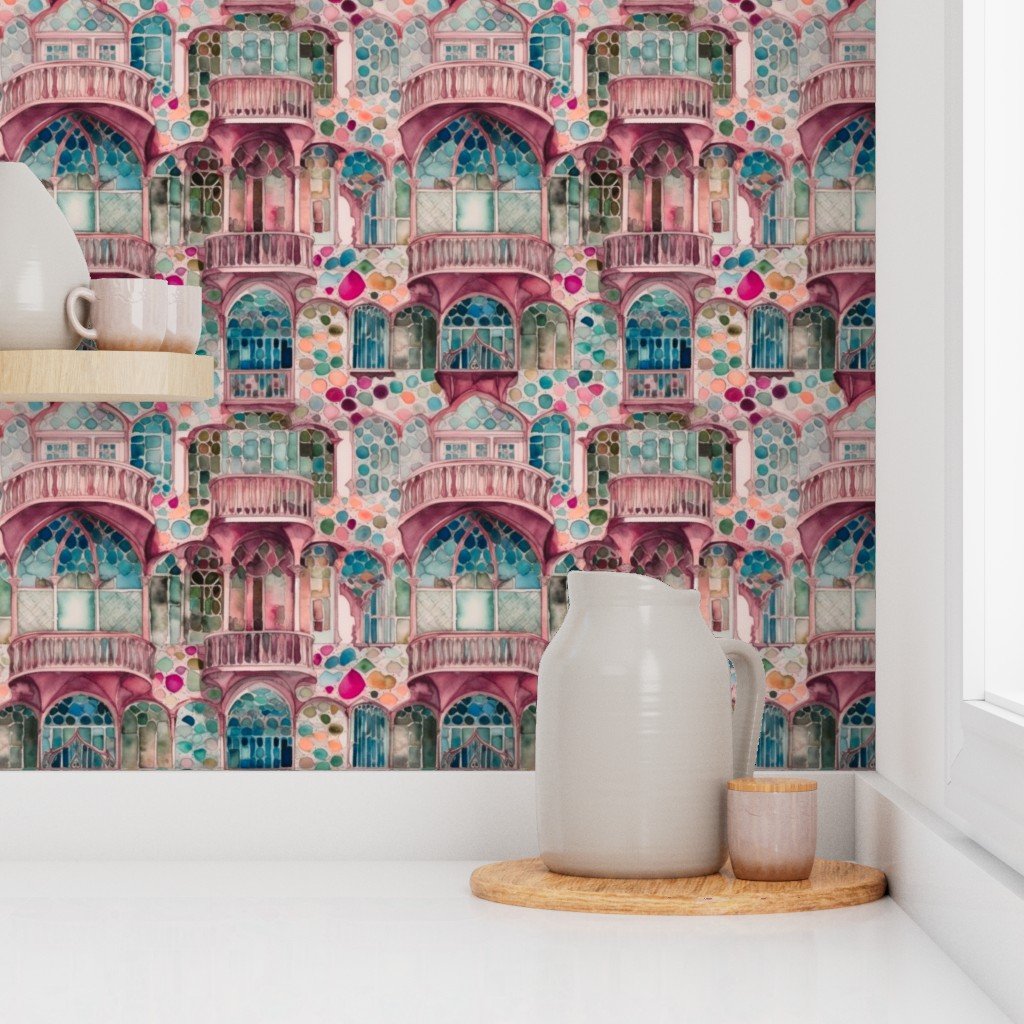 Barcelona House Architectural Detail in Windows Columns Arches and Wallpaper