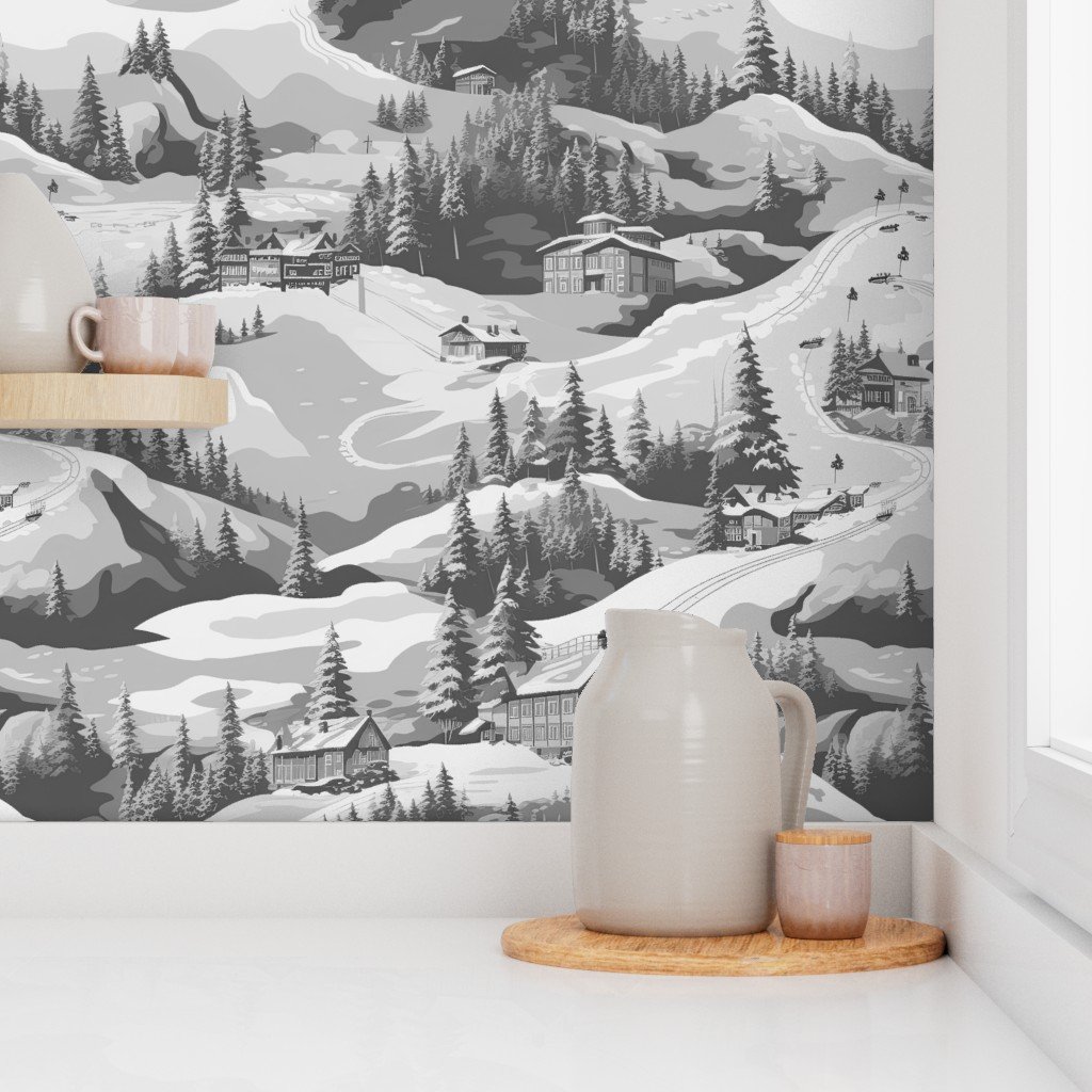 Small Montana Winter Cabins Montana with Evergreens in Grey Wallpaper