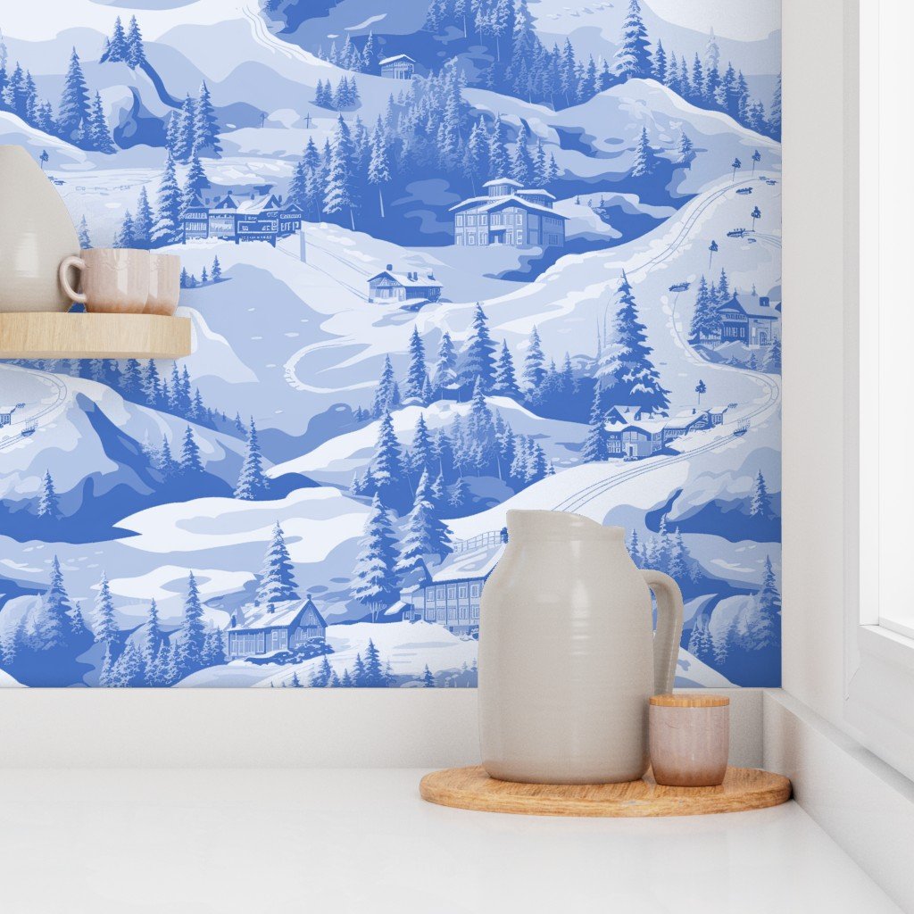 Small Montana Winter Cabins Montana with Evergreens in Mid China Blue Wallpaper