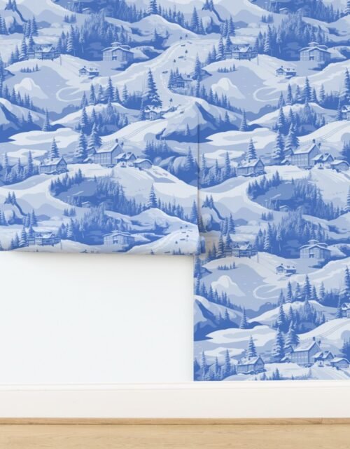 Small Montana Winter Cabins Montana with Evergreens in Mid China Blue Wallpaper