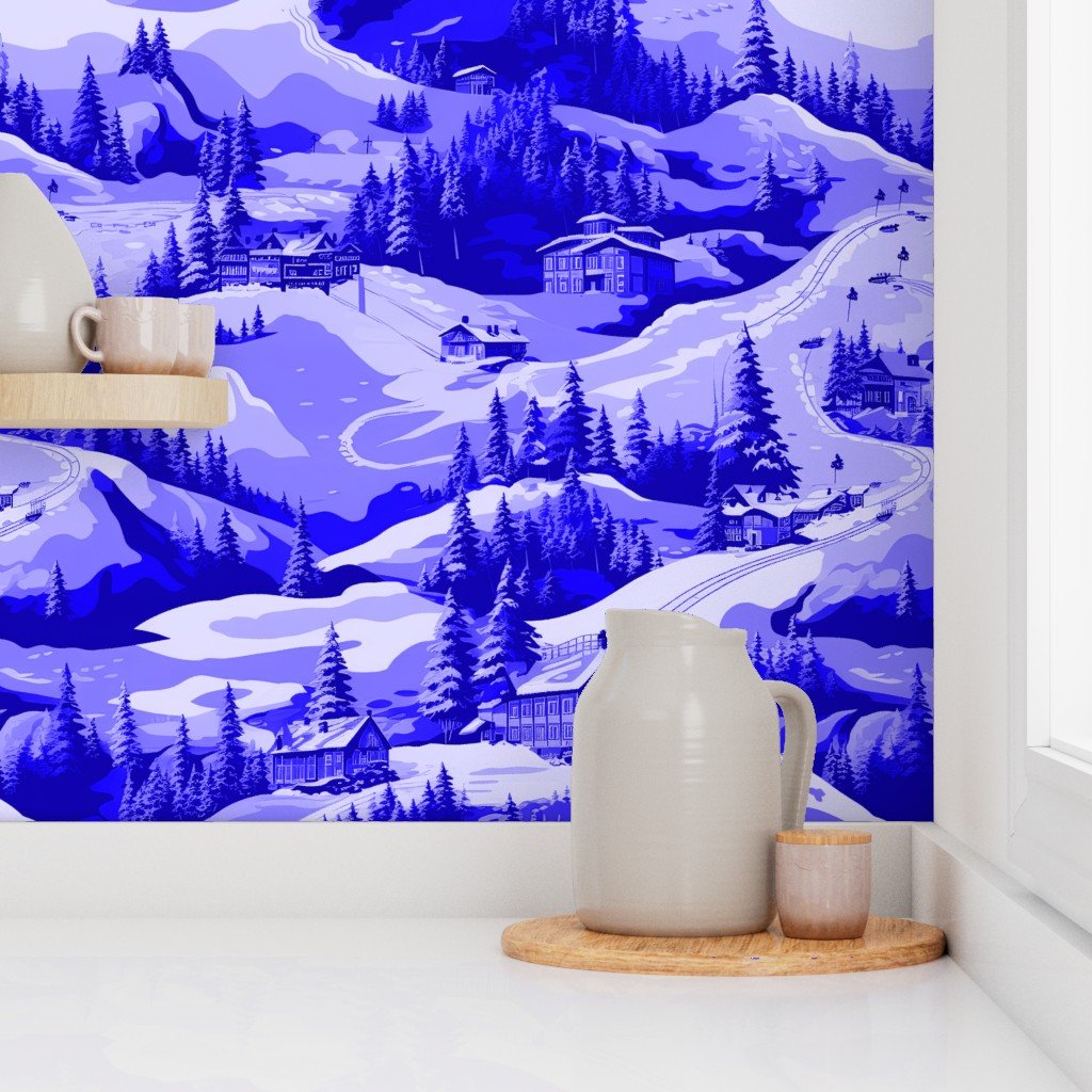Small Montana Winter Cabins Montana with Evergreens in Royal China Blue Wallpaper