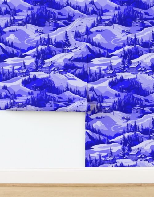 Small Montana Winter Cabins Montana with Evergreens in Royal China Blue Wallpaper