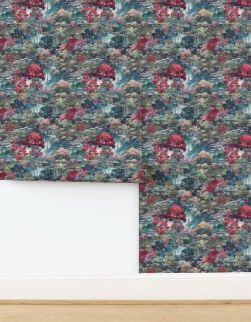 Japanese Water Garden Watercolor with Temples and Waterfalls Wallpaper