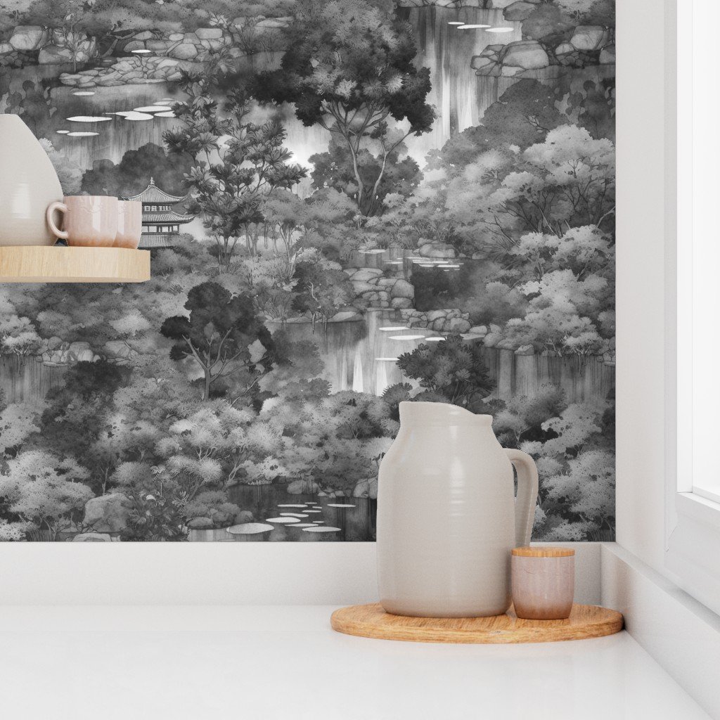 Japanese Water Garden Watercolor with Temples and Waterfalls in Grey Wallpaper