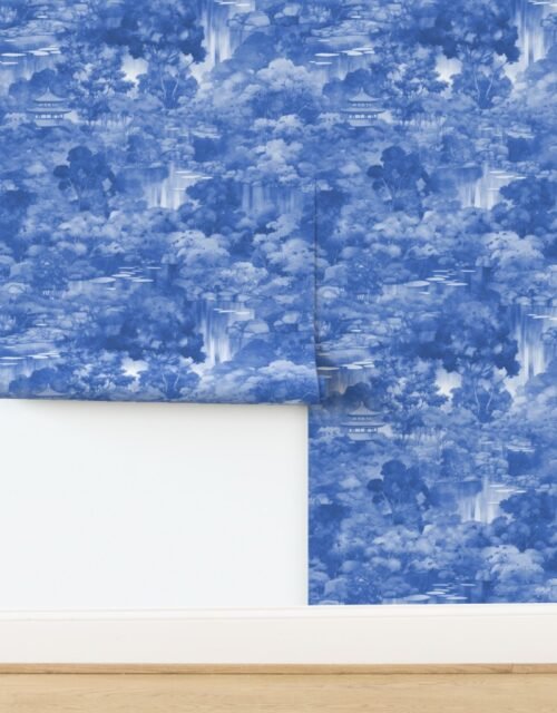 Japanese Water Garden Watercolor with Temples and Waterfalls in Mid Blue Wallpaper