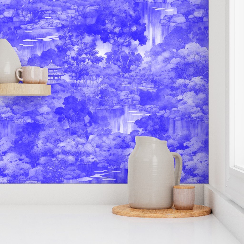 Japanese Water Garden Watercolor with Temples and Waterfalls in Royal Blue Wallpaper