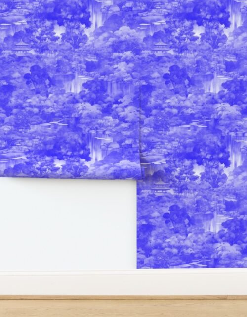 Japanese Water Garden Watercolor with Temples and Waterfalls in Royal Blue Wallpaper
