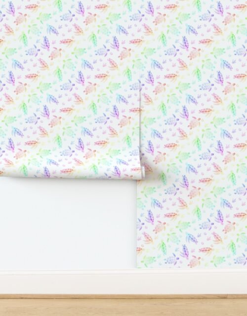 Large Rainbow Ombre Watercolor Diagonal Sea Turtle Print Wallpaper