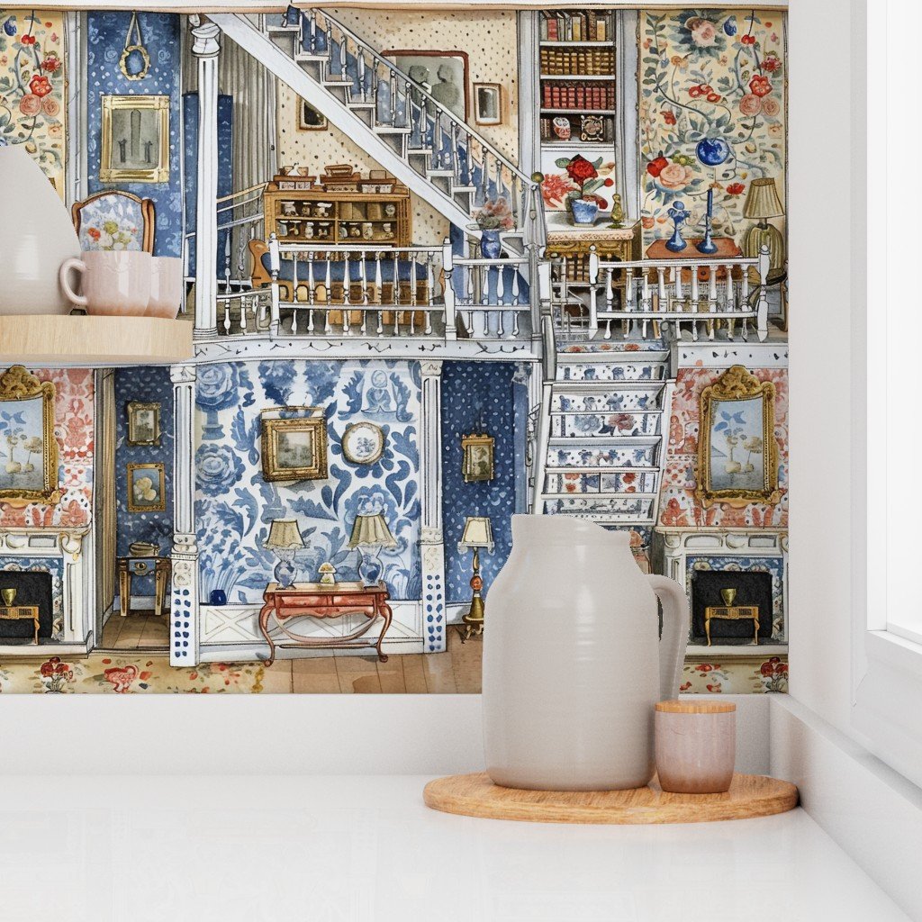 Victorian Dollshouse with Period Decor in Watercolor 2 Wallpaper