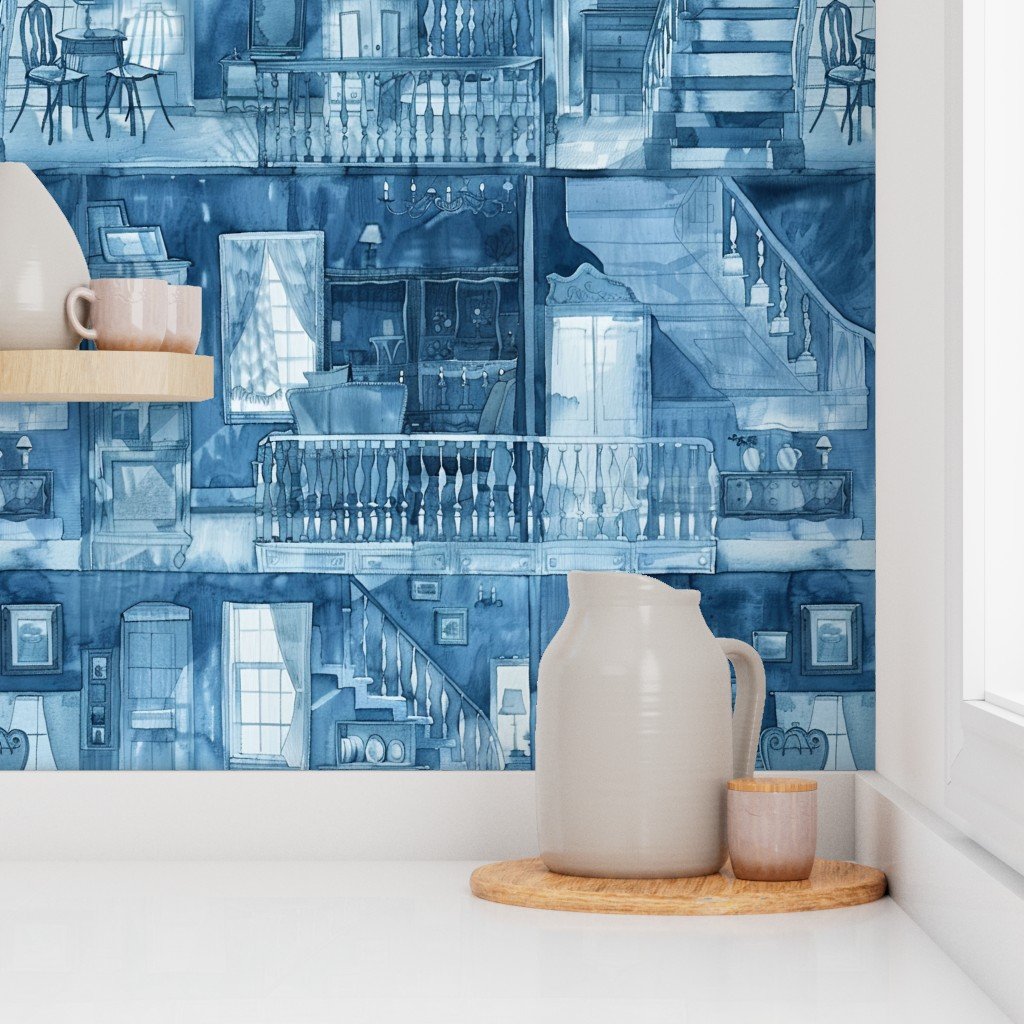 Victorian Dollshouse with Period Decor in Watercolor Blue Tones 1 Wallpaper