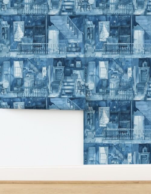 Victorian Dollshouse with Period Decor in Watercolor Blue Tones 1 Wallpaper
