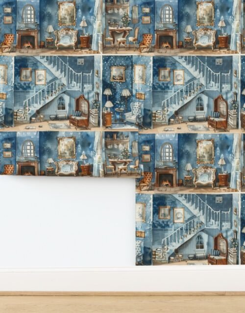 Victorian Dolls house with Period Decor in Watercolor Blue Tones Wallpaper