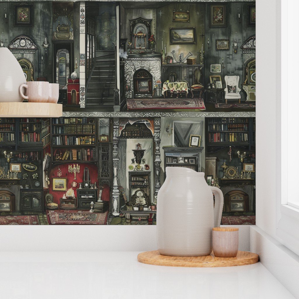 Victorian Gothic Dollshouse with Dark Academia Watercolor Decor 1 Wallpaper