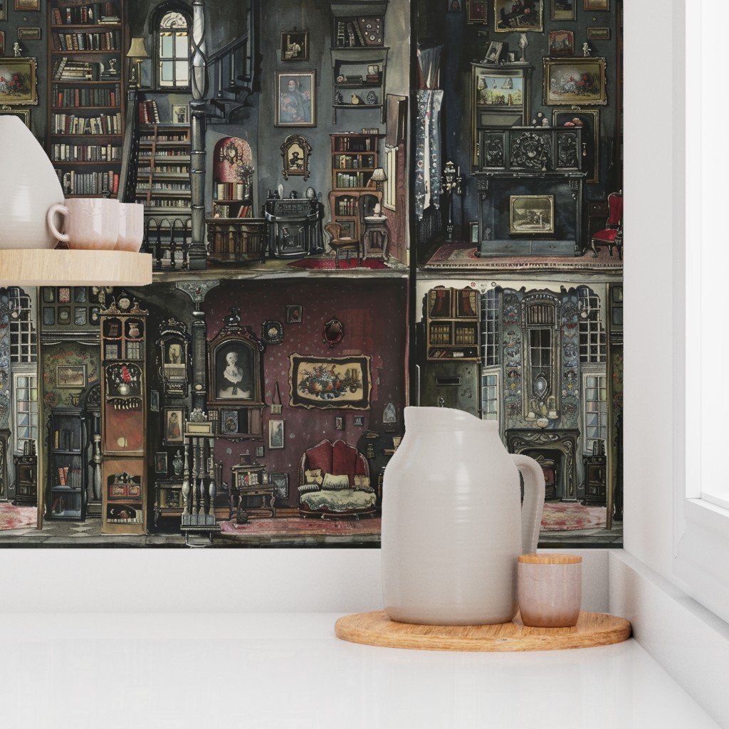 Victorian Gothic Dollshouse with Dark Academia Watercolor Decor 2 Wallpaper