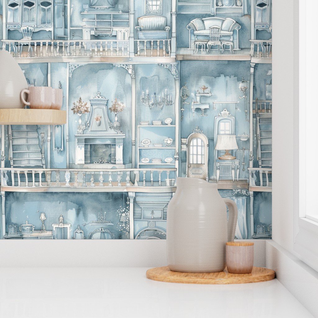Victorian Dollshouse with Watercolor Decor in Pale Blue Tones 1 Wallpaper