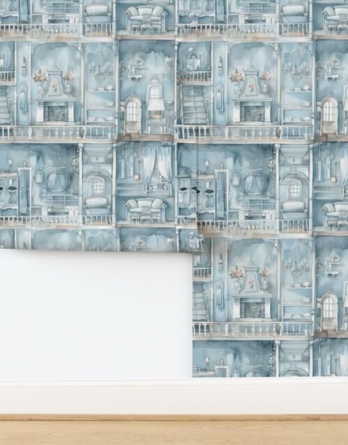 Victorian Dollshouse with Watercolor Decor in Pale Blue Tones 1 Wallpaper
