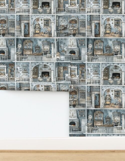 Victorian Dollshouse with Watercolor Decor in Pale Blue Tones 2 Wallpaper