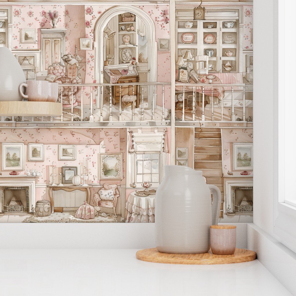 Victorian Dollshouse with Watercolor Decor in Pale Pink Tones 3 Wallpaper