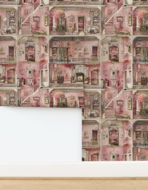 Victorian Dollshouse with Watercolor Decor in Pink Tones Wallpaper
