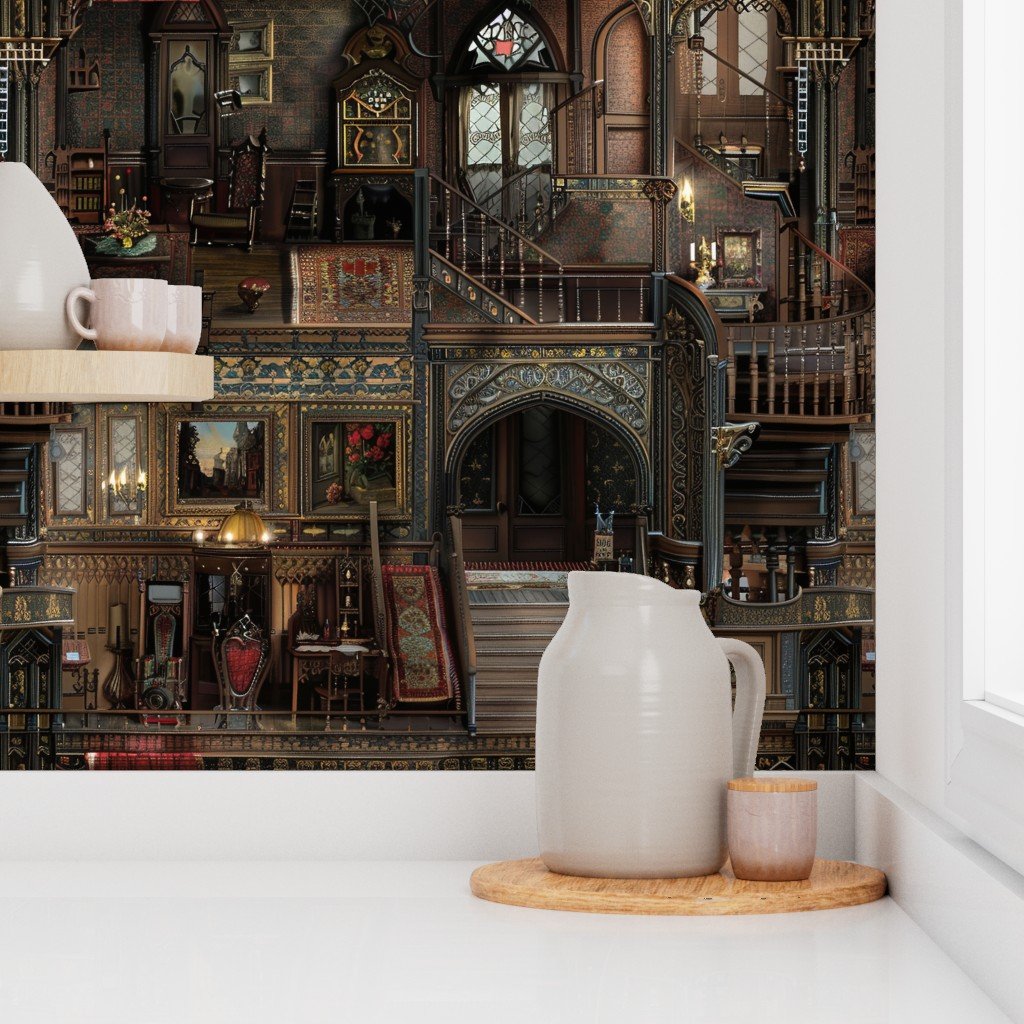 Victorian Gothic Haunted Dollshouse with Dolls in Dark Academia Decor 2 Wallpaper