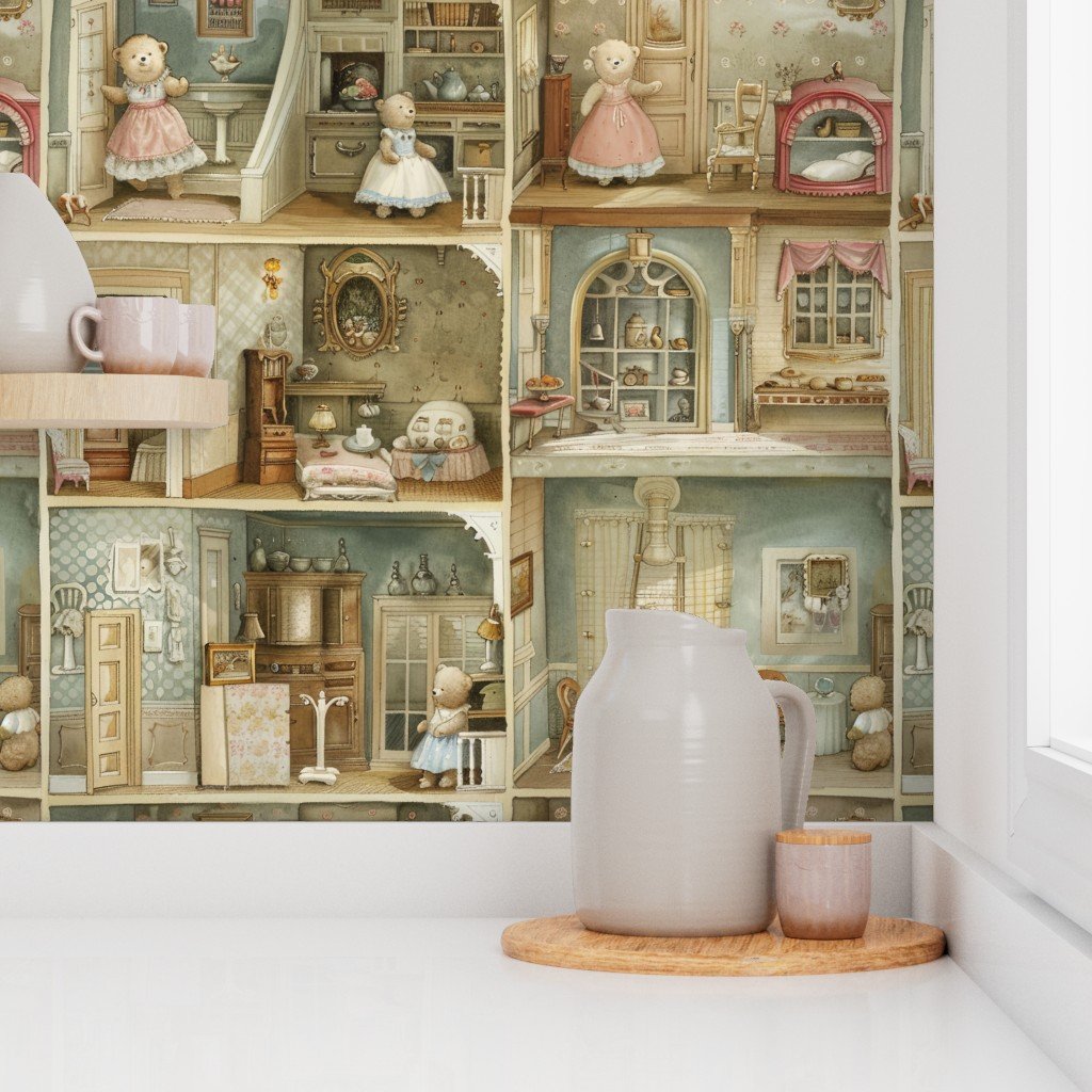 Victorian Dollshouse with Watercolor Teddy Bear Decor in Pastels Wallpaper