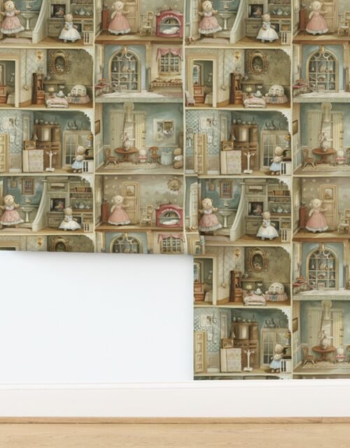 Victorian Dollshouse with Watercolor Teddy Bear Decor in Pastels Wallpaper