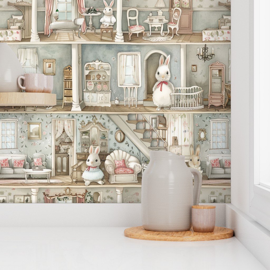Victorian Dollshouse with Watercolor Bunny Decor in Pale Blue 2 Wallpaper