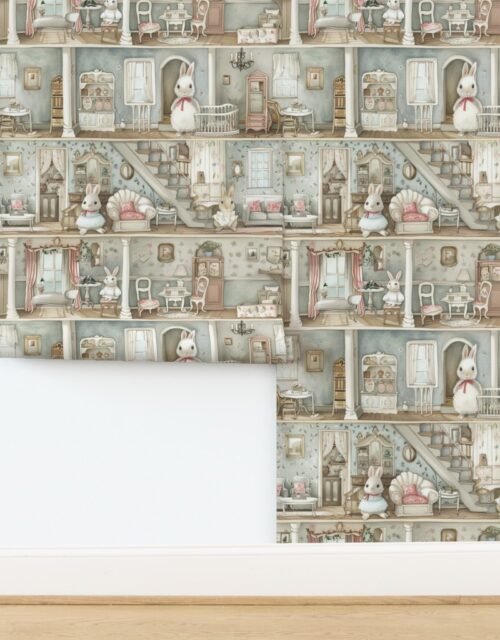 Victorian Dollshouse with Watercolor Bunny Decor in Pale Blue 2 Wallpaper