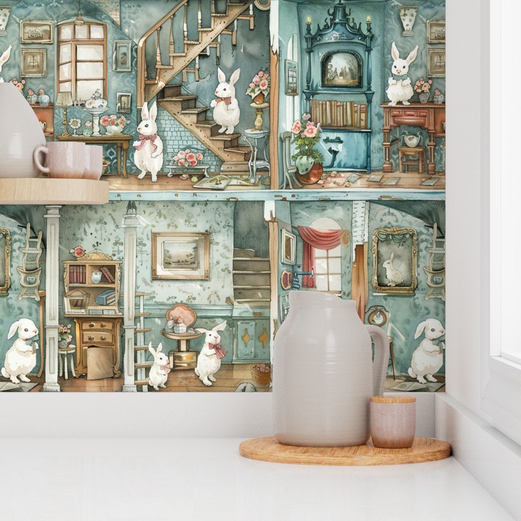 Victorian Dolls house with Watercolor Bunny Decor in Aqua Blue Wallpaper