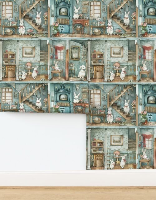 Victorian Dolls house with Watercolor Bunny Decor in Aqua Blue Wallpaper
