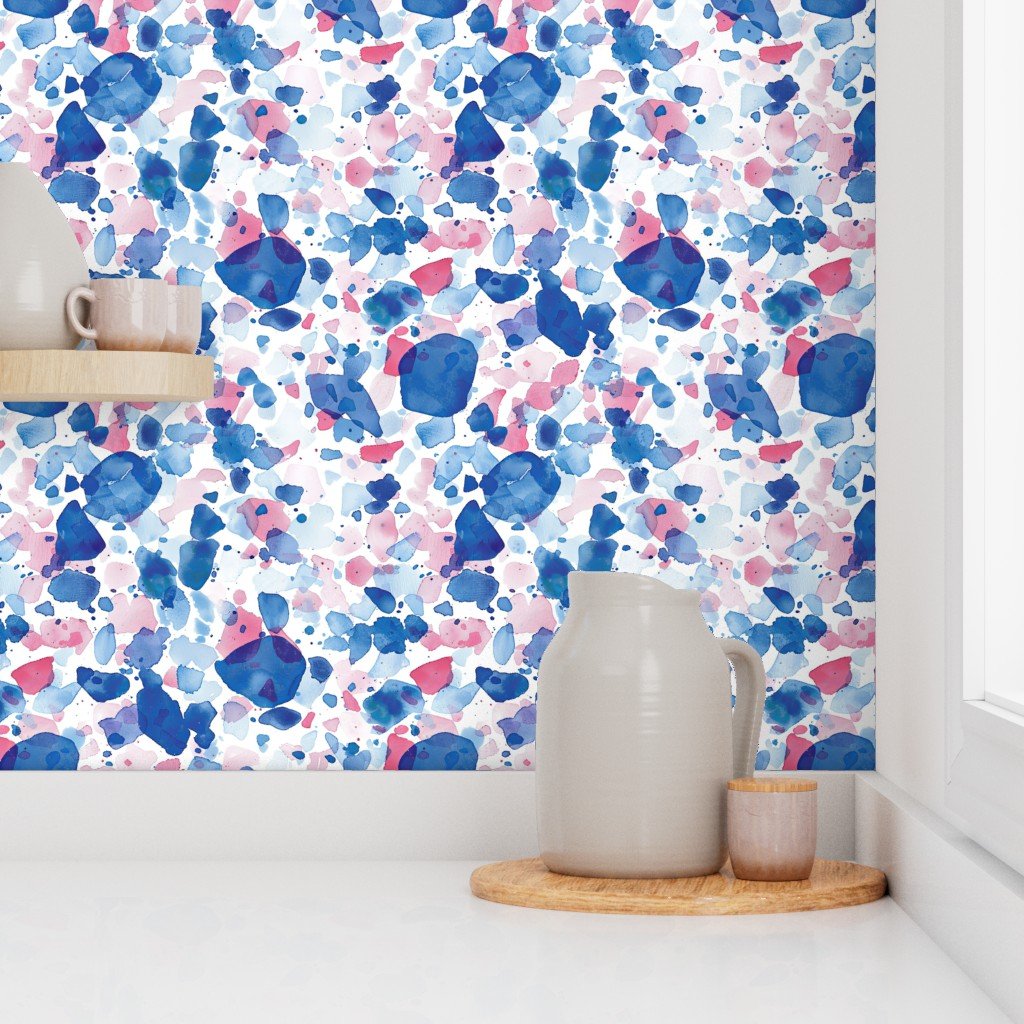 Blue and Rose Watercolor Terrazzo Splashes Wallpaper