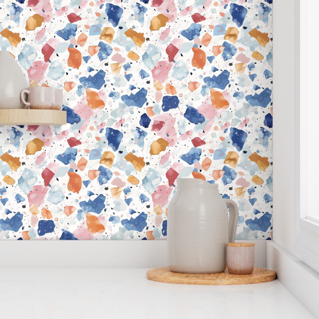 Pastel Blue and Earth Tones Watercolor Terrazzo Splashes Wallpaper